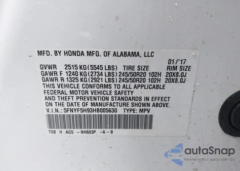 2017 Honda Pilot Touring из США, поврежденный, VIN 5FNYF5H93HB005630